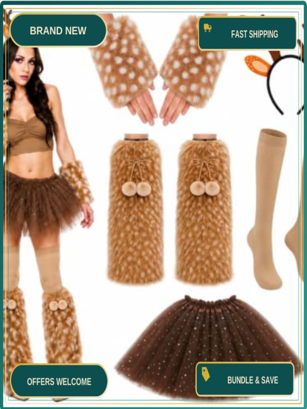 5 Pc Deer Costume Set Faux Fur Leg Warmers Wrist Cuffs Antler Headband Tutu
